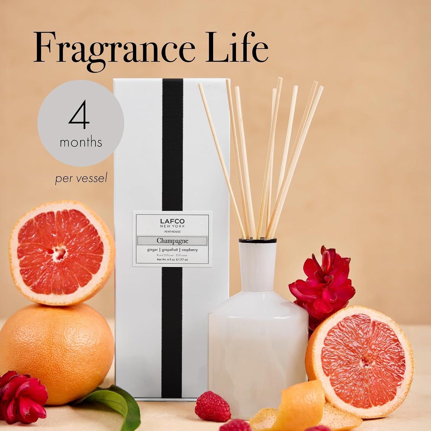 LAFCO New York Classic Reed Diffuser, Champagne - 6 oz, Pack of 2 - Up to 3 Months Fragrance Life - Reusable, Hand Blown Glass Vessel - Natural Wood Reeds - Made in the USA