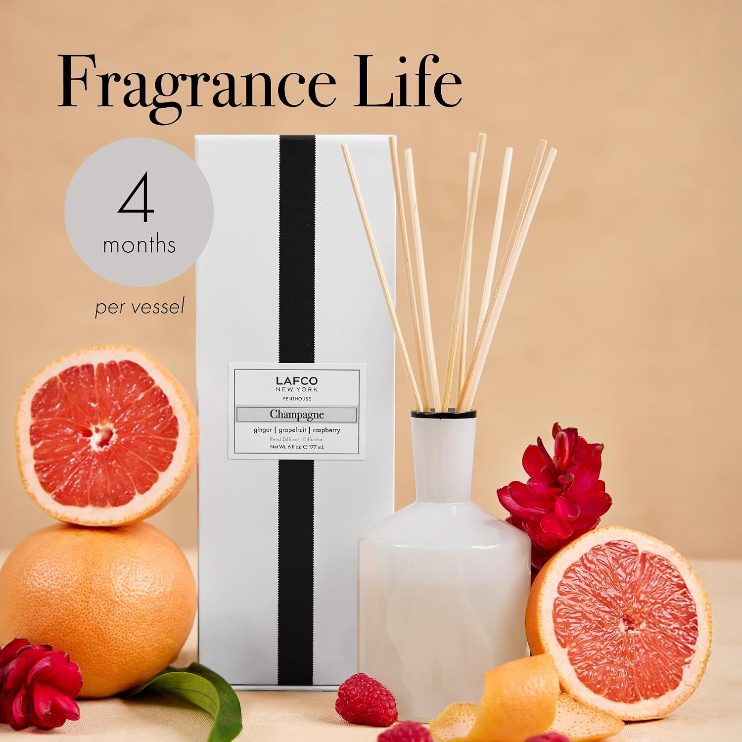 LAFCO New York Classic Reed Diffuser, Champagne - 6 oz, Pack of 2 - Up to 3 Months Fragrance Life - Reusable, Hand Blown Glass Vessel - Natural Wood Reeds - Made in the USA