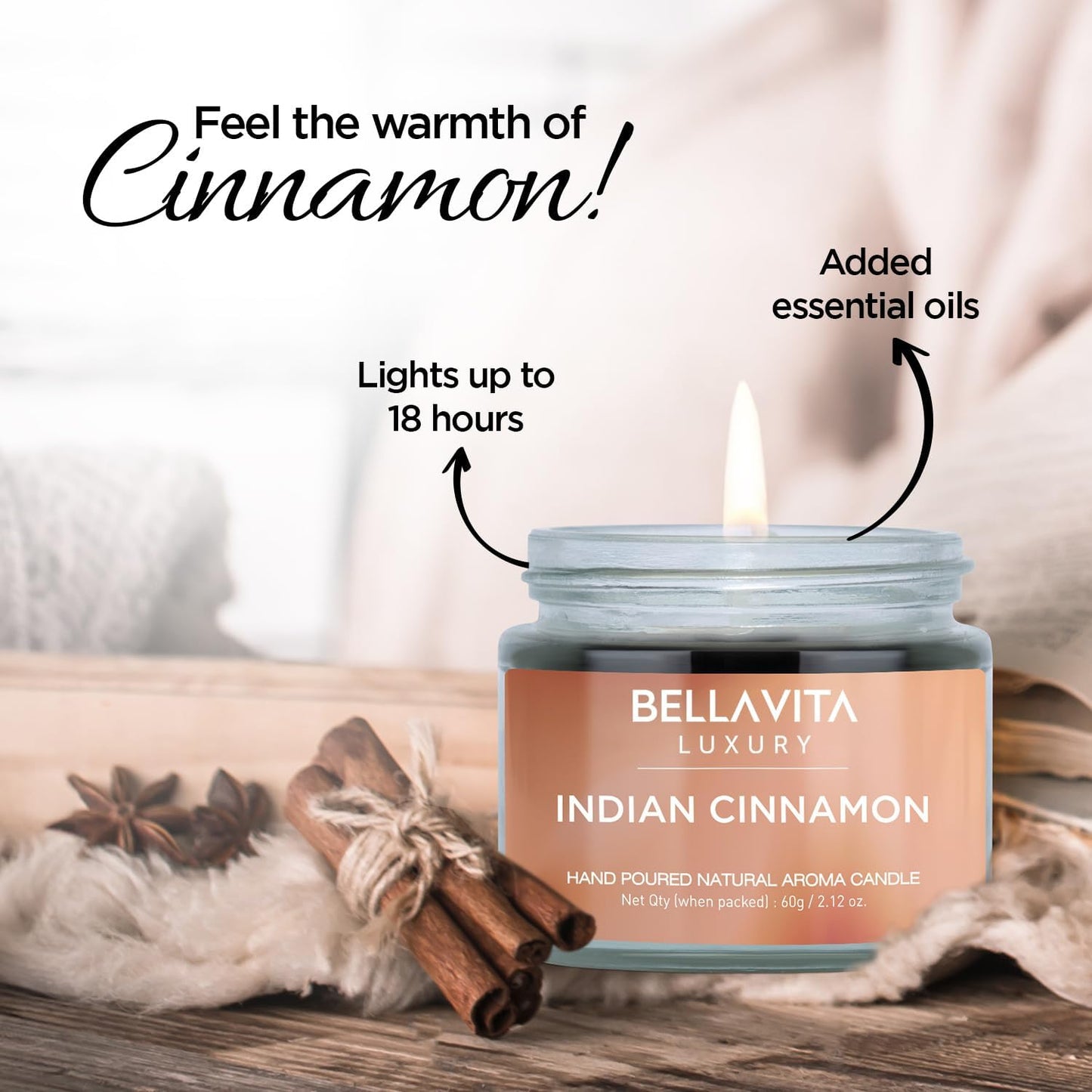Bella Vita Organic Fall Decor Candles Set of 4 | Best Gift for Valentine's Day | Turkish Vanilla, French Lavender, Indian Cinnamon & California Rose | Long Lasting, Home Decor | Gift for Her