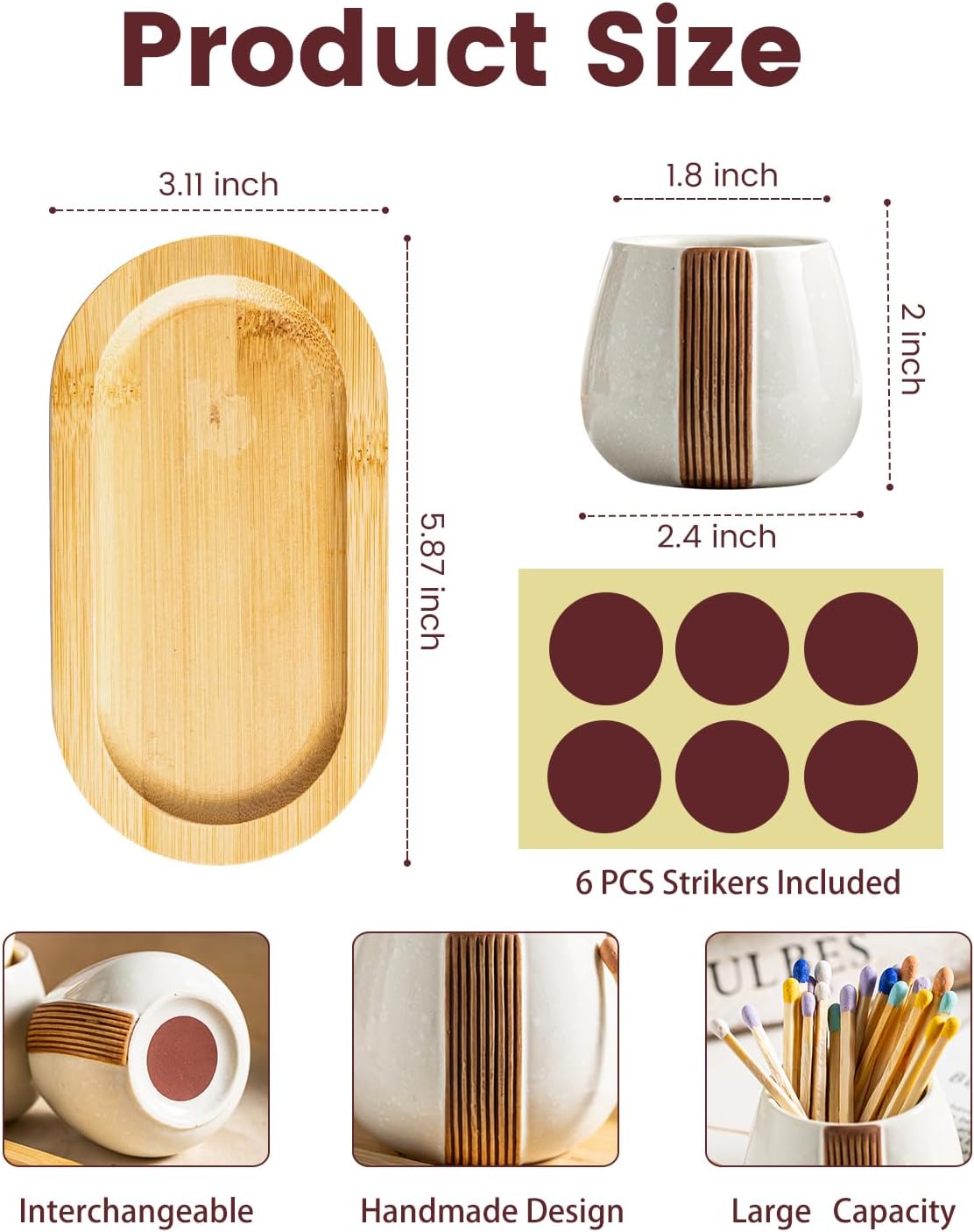 Zoeeker Ceramic Match Striker Holders Set of 2 - Matchstick Container With Wooden Tray for Christmas Kitchen, Fireplaces & Minimalist Spaces - Matches NOT Included, White
