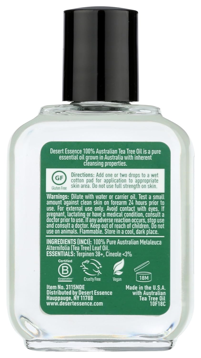 Desert Essence 100% Australian Tea Tree Oil Therapeutic Grade Essential Oil - Skin Cleansing, Clarifying, Soothing - Refreshing Air - Skin Care, Hair Care, Powerful Green Clean - Vegan, Non-GMO - 2oz