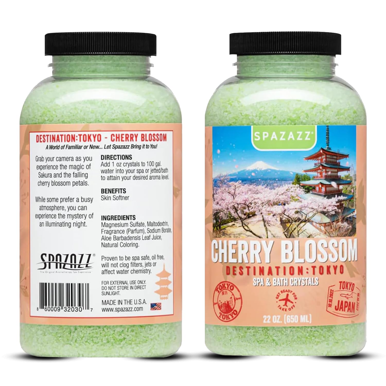 Hot Tub Aromatherapy Spa & Bath Salt Crystals - Cherry Blossom - Tokyo Destinations Collection - Scents for Relaxing in Spas and Bath Tubs - Skin Softening Magnesium Mineral Soak by Spazazz - 22 oz