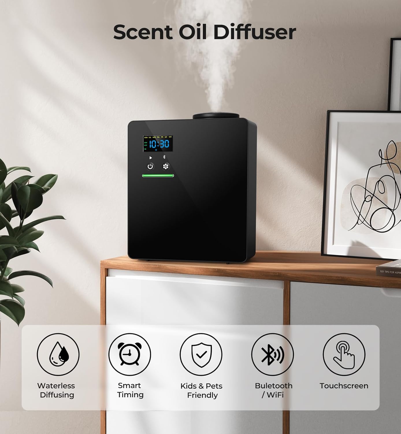 Waterless Essential Oil Diffuser 5000 Sq.Ft Coverage for Home Hotel Office, 200ml Cold Air Scent Machine for HVAC, Bluetooth App Control, Quiet No-Heat Aroma Diffuser