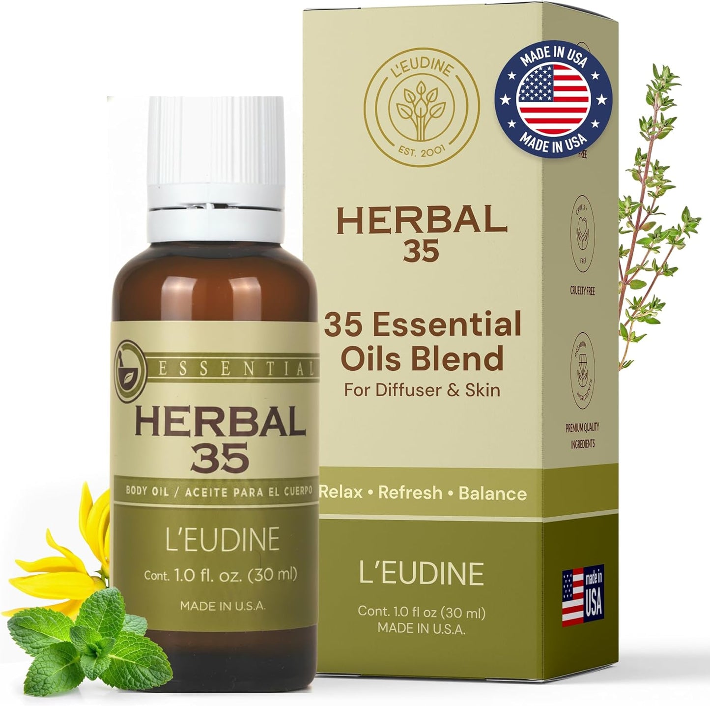 L’EUDINE Herbal 35 Essential Oil Blend - 35 Natural Extracts with Peppermint, Eucalyptus & Lavender - Relaxing Aromatherapy Oil for Diffuser, Massage & Stress Relief - Vegan & Pure Wellness, 1 Fl Oz