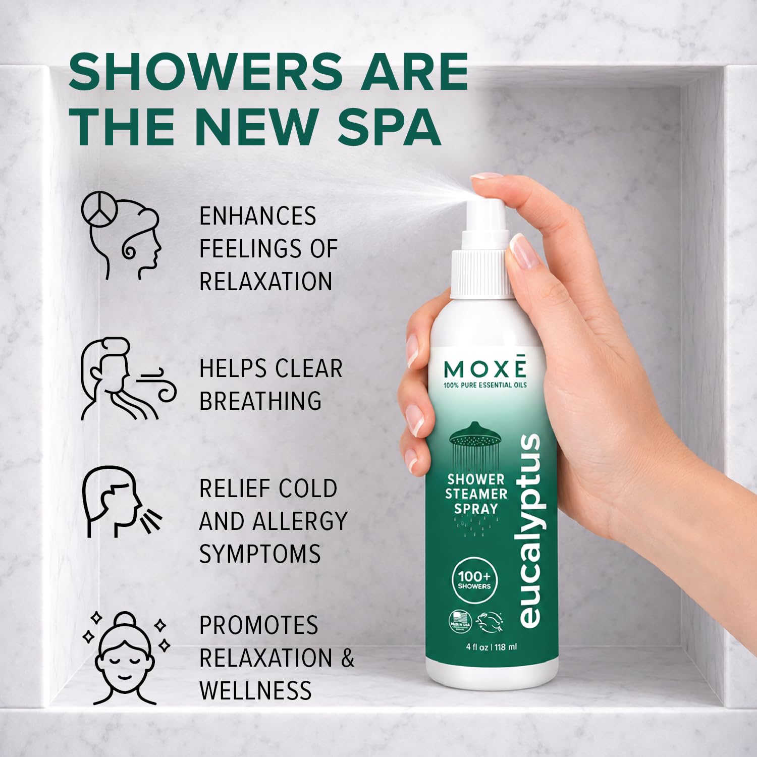 MOXĒ Eucalyptus Oil Shower Mist, Spa Steam Spray, Certified Natural 100% Essential Oils, Made in USA, Aromatherapy, Sinus Congestion Relief, Tension Relief, 4 Ounces