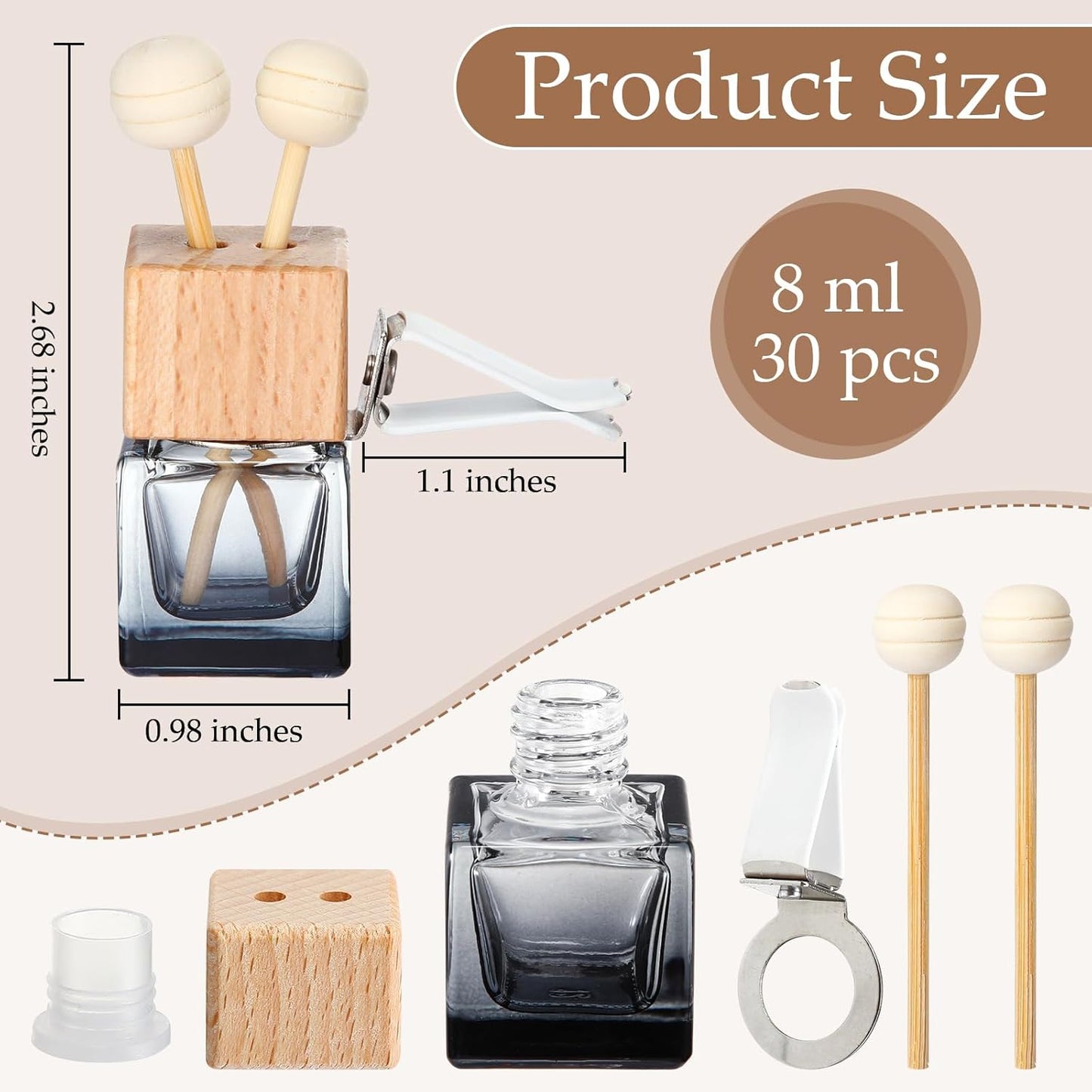 Zubebe 30 Pcs Car Diffuser Bottles Empty Bulk Vent Clip Car Air Freshener Diffuser for Essential Oil Perfume Glass Bottle with Wooden Caps Stick Fragrance Ornament (Gradient Black)
