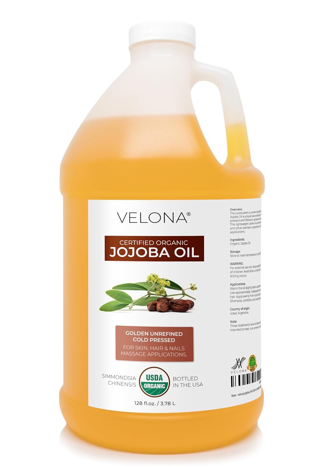velona Jojoba Oil USDA Certified Organic - 1 Gallon / 128 Fl Oz | 100% Pure and Natural | Golden, Unrefined, Cold Pressed, Hexane Free | Moisturizing Face, Hair, Body, Skin Care