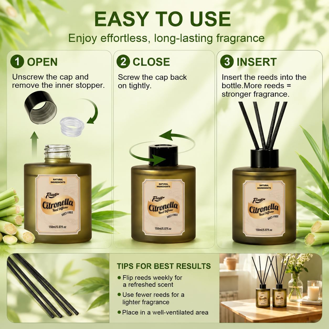 SCENTORINI Citronella Reed Diffuser Set, Summer 10 oz Natural Lemongrass Essential Oil with 12 Sticks, Long Lasting Home Fragrance for Bedroom, Bathroom, Patio, Camping, Courtyard, Pool, Outdoor Use