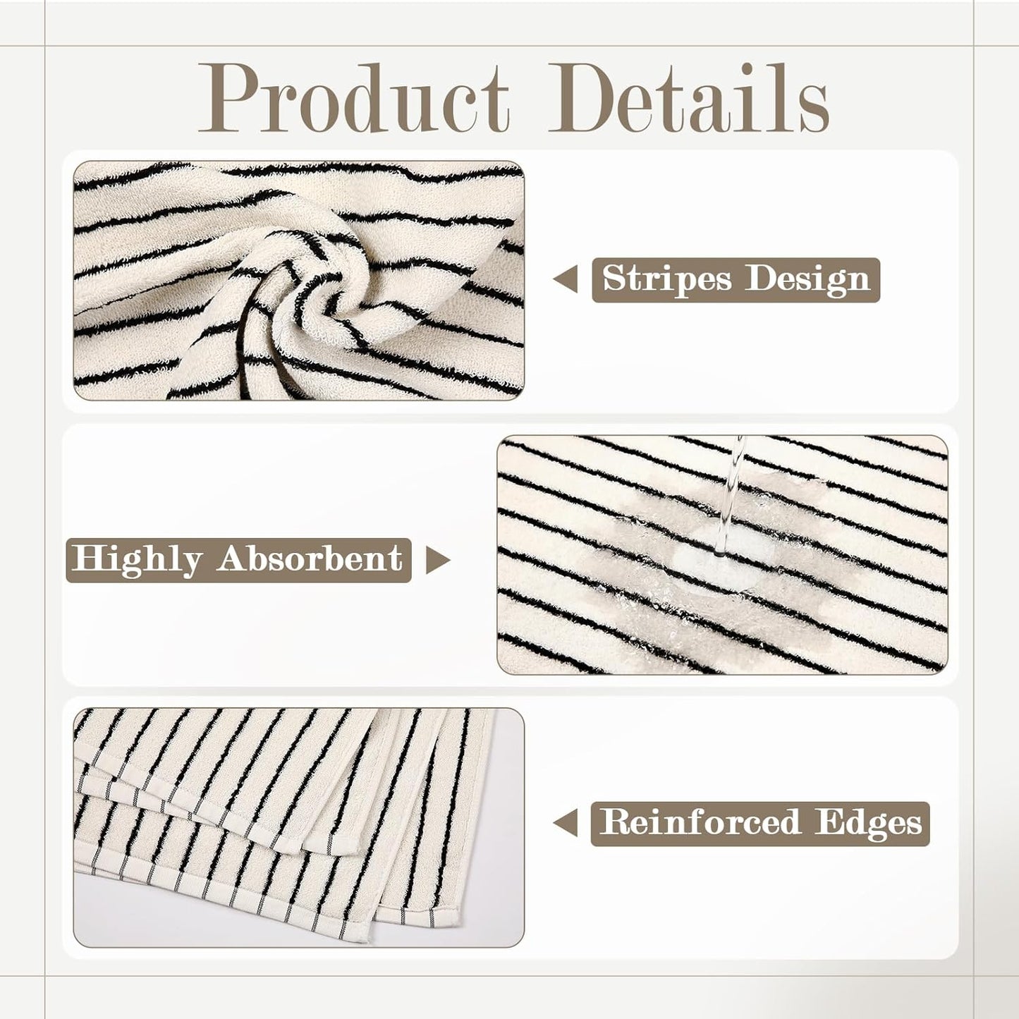 3 Pack Black and White Striped Bath Towels Set Cotton Absorbent Shower Towels for Bathroom Pool Spa Decor Contains Soft Bath Towel, Hand Cloth, and Wash Cloth
