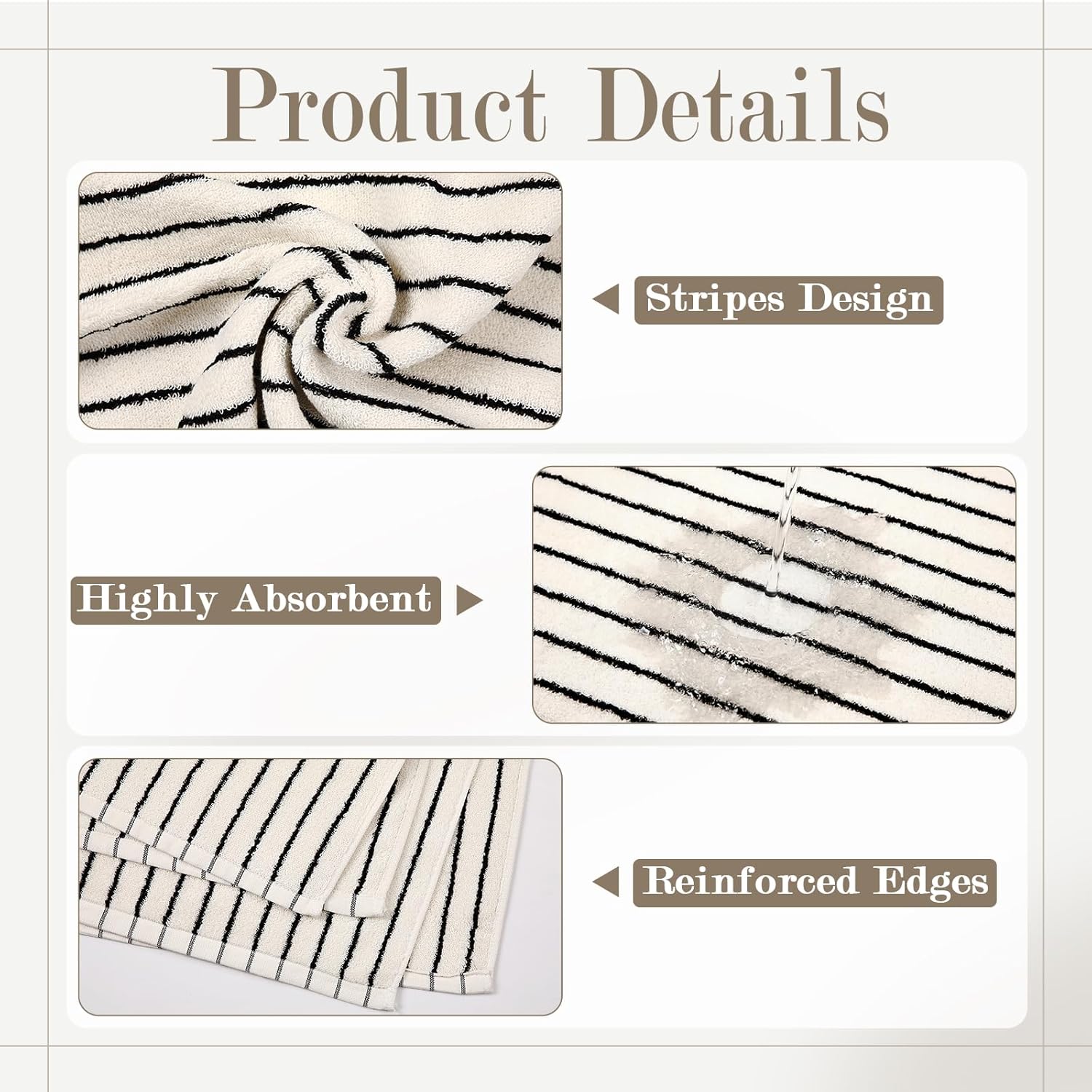 3 Pack Black and White Striped Bath Towels Set Cotton Absorbent Shower Towels for Bathroom Pool Spa Decor Contains Soft Bath Towel, Hand Cloth, and Wash Cloth