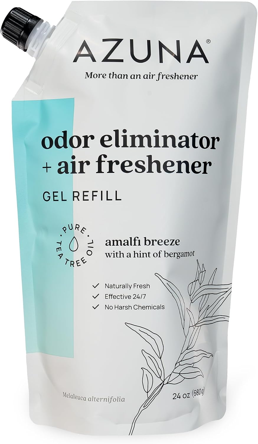 Azuna Air Freshener and Odor Eliminator for Strong Odor Gel 24oz Refill Pouch with Tea Tree Oil | Plant-Based & Long Lasting | Pet, Smoke, Home and Bathroom | Amalfi Breeze | Last 60-90 Days