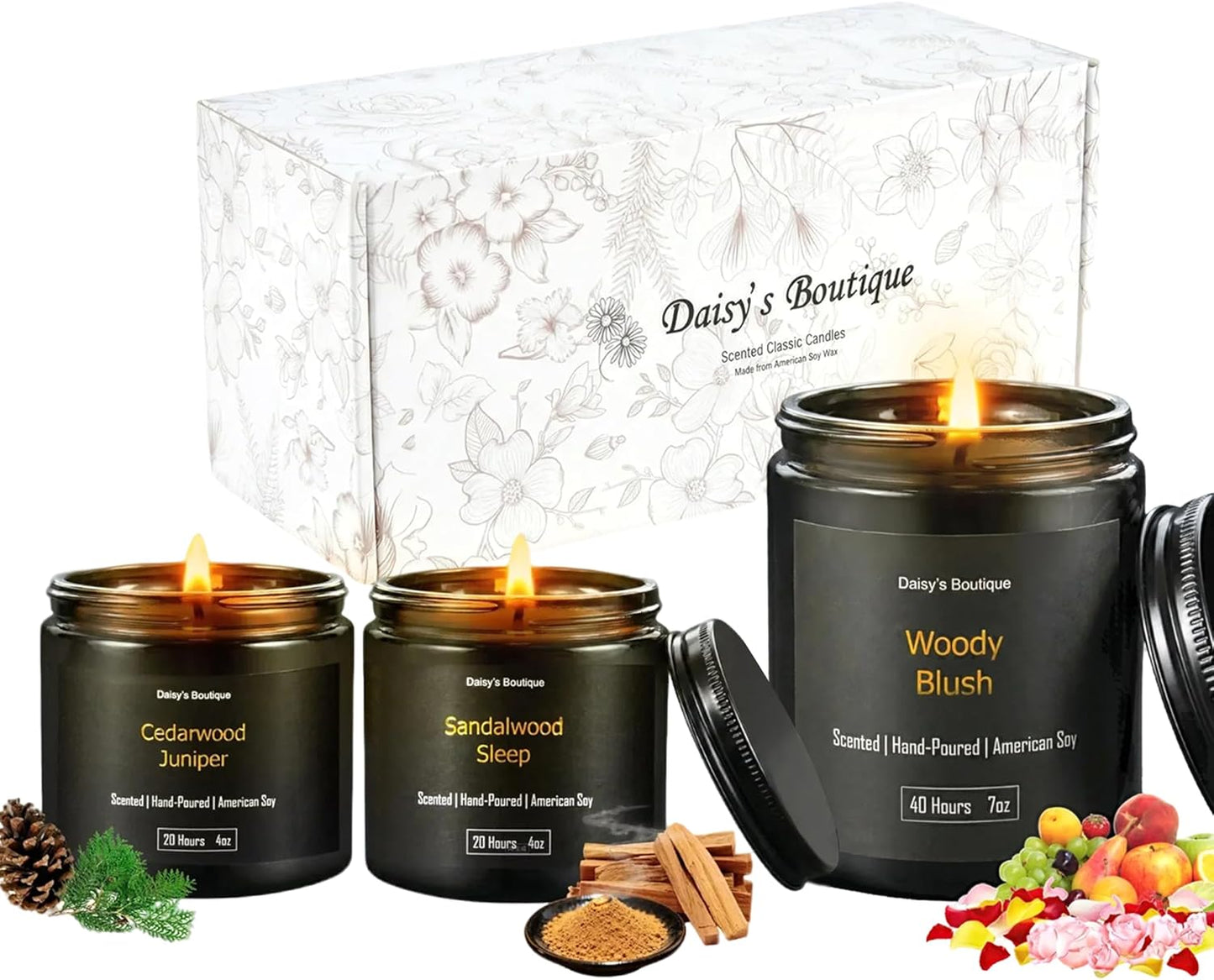 3 Pack Scented Candles for Home Aromatherapy Candle Gift Set Soy Wax Long Lasting Gift Birthday Mother's Thanksgiving Day Present (Black Jar (Sandalwood + Woody Blush + BlackCedarJuniper))