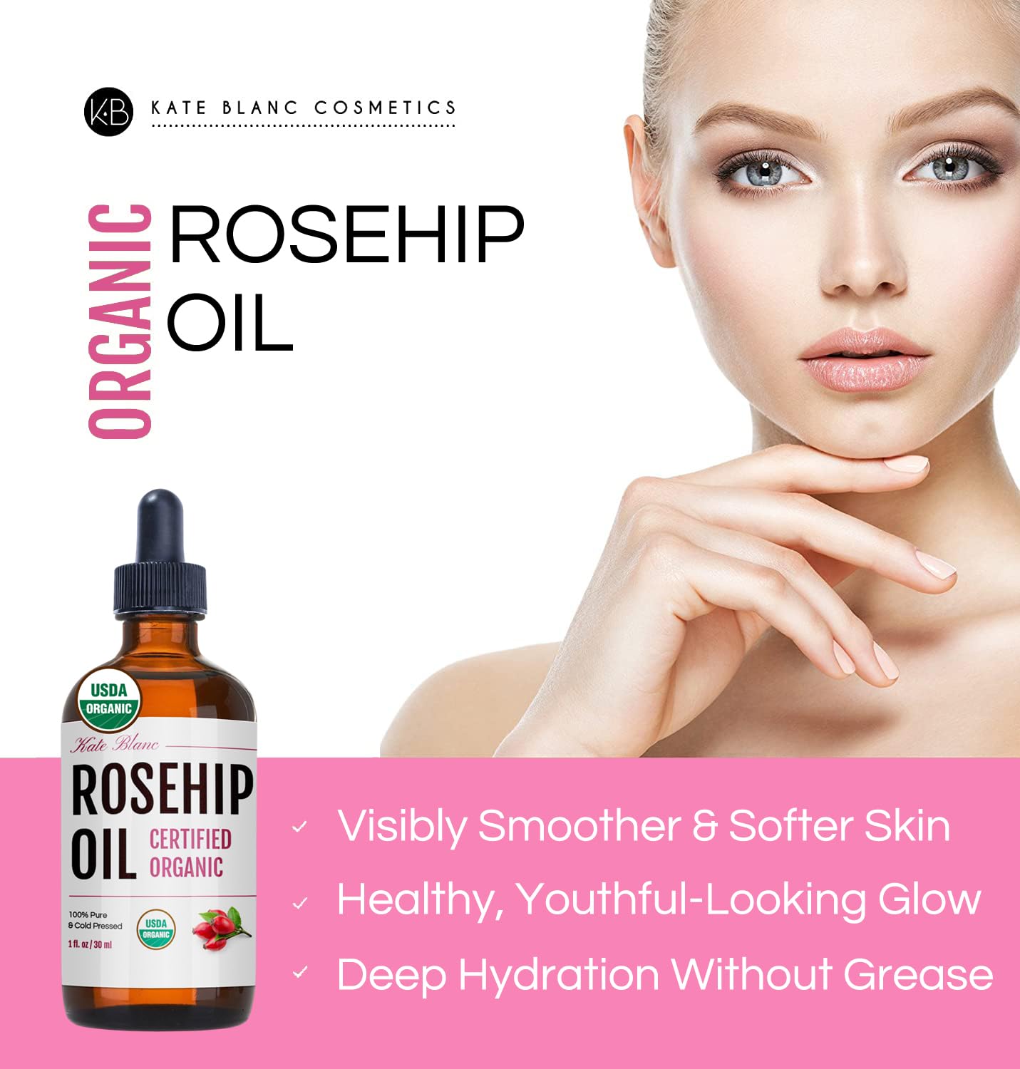 Kate Blanc Cosmetics Rosehip Seed Oil for Face, 100% Pure Organic | Cold Pressed Unrefined Rose Hip Facial Oil for Skin, Hair & Gua Sha Massage (1oz)