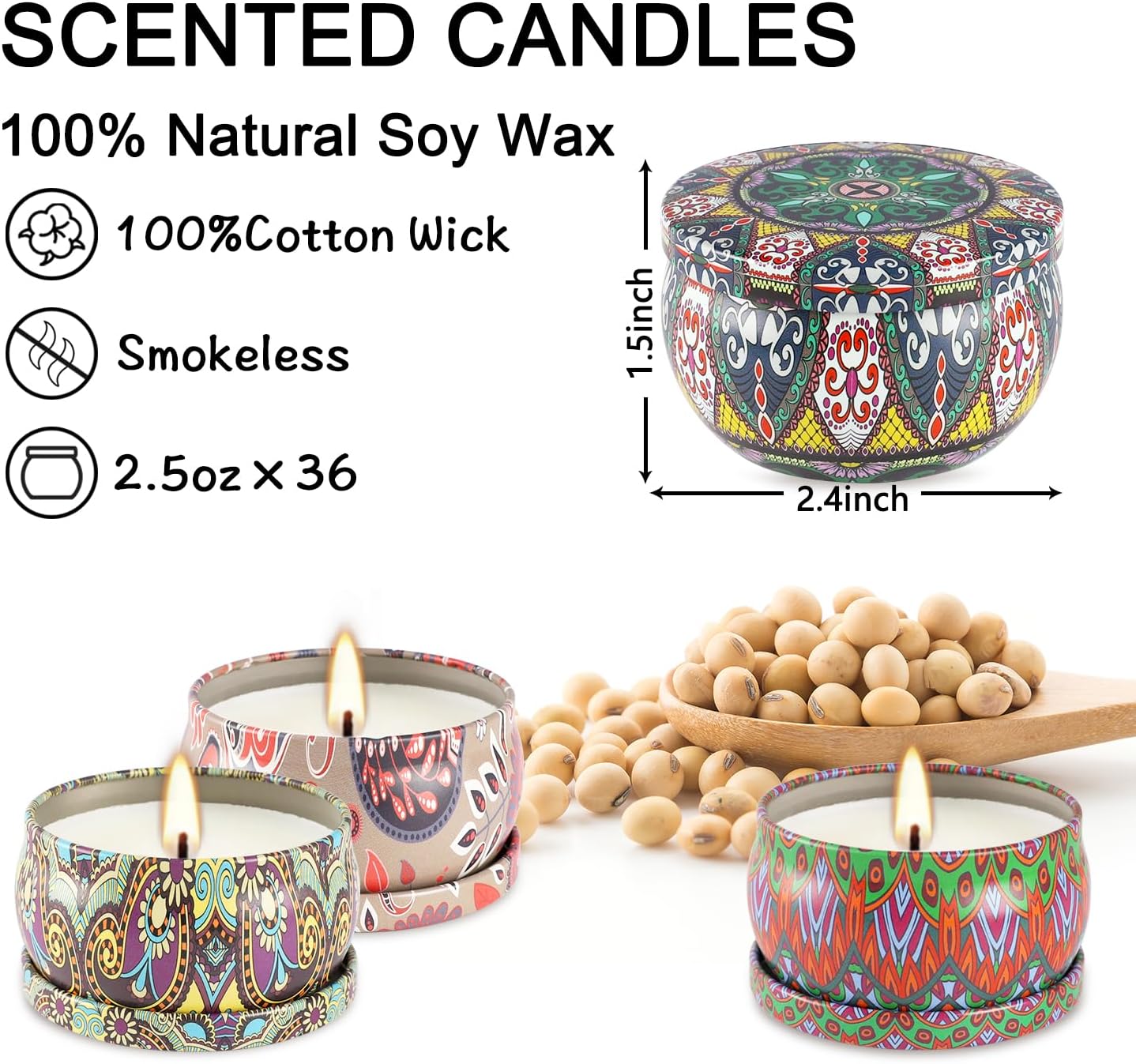 Scented Candles Gifts Set of 36, 2.5 oz Soy Wax Aromatherapy Travel Tin Jar Candles for Family,Colleagues,Friends, Teachers,Thank You Gifts