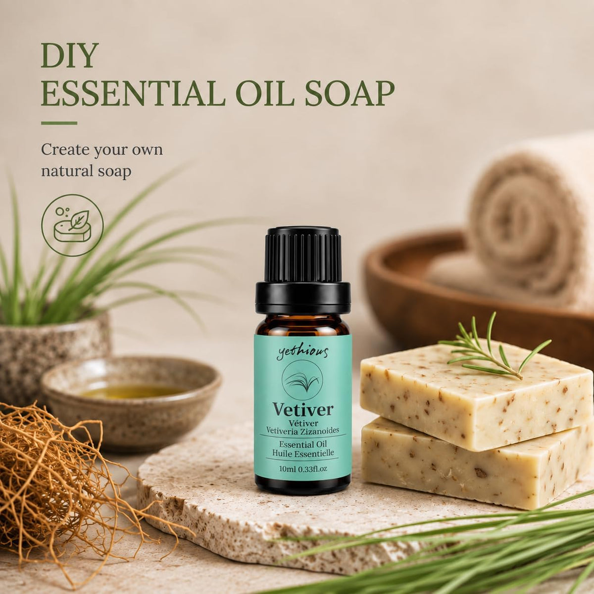 yethious Vetiver Essential Oil for Diffuser, Skin, Massage &amp; DIY Perfume