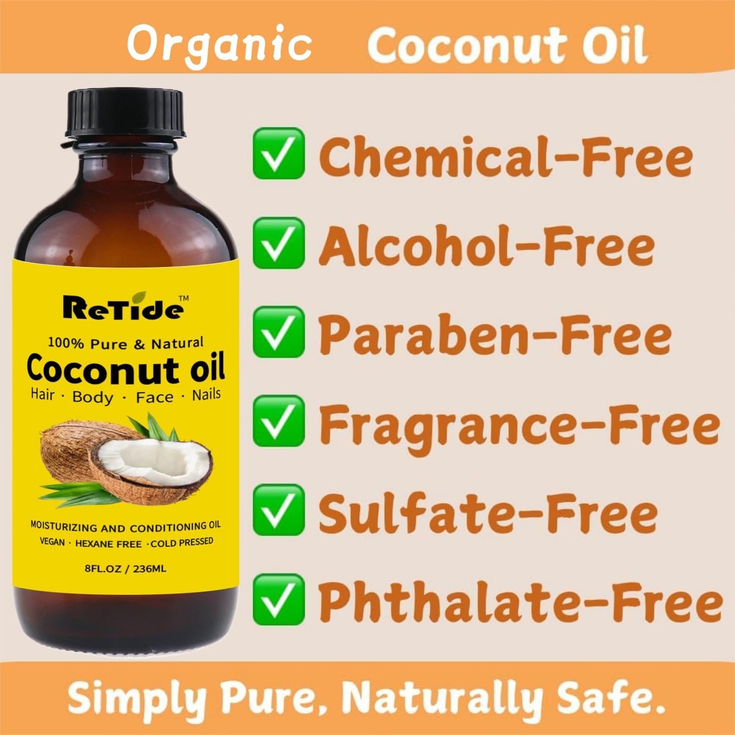 Organic Fractionated Coconut Oil, Cold Pressed Pure Liquid Carrier Oil with Pump, Hexane Free, Glass Bottle, 8 Fl Oz