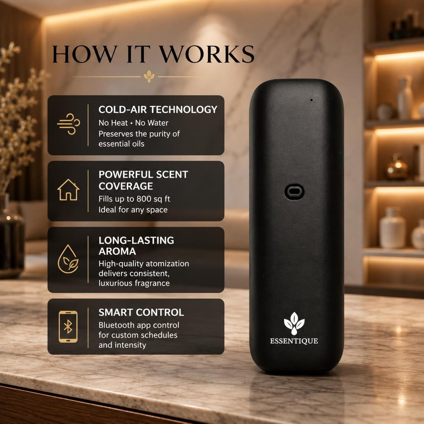 The Pulse Plug-in Waterless Diffuser – Cold Air Nebulizing Scent Machine for Home, Hotel, Office & Spa – w/Bluetooth for Essential Oil Blends (Black)