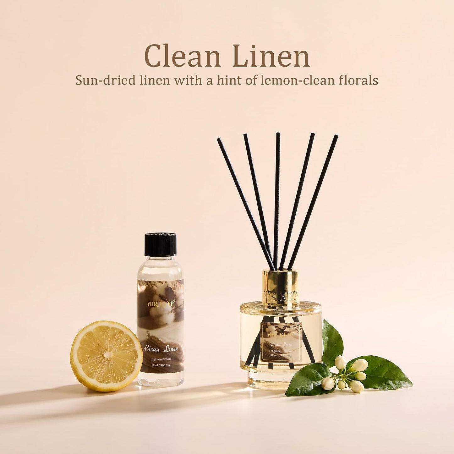Airkeep Reed Diffuser Set with Refill & 8 Reed Sticks, 6.96 fl oz Clean Linen Home Fragrance, Long Lasting Aromatherapy Diffuser for Bedroom, Bathroom & Living Room
