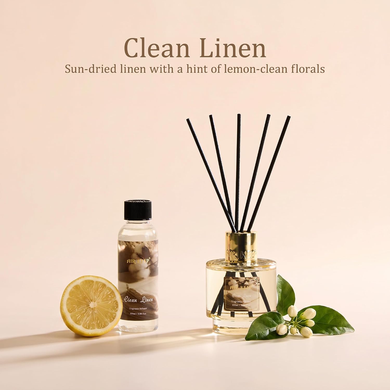 Airkeep Reed Diffuser Set with Refill & 8 Reed Sticks, 6.96 fl oz Clean Linen Home Fragrance, Long Lasting Aromatherapy Diffuser for Bedroom, Bathroom & Living Room