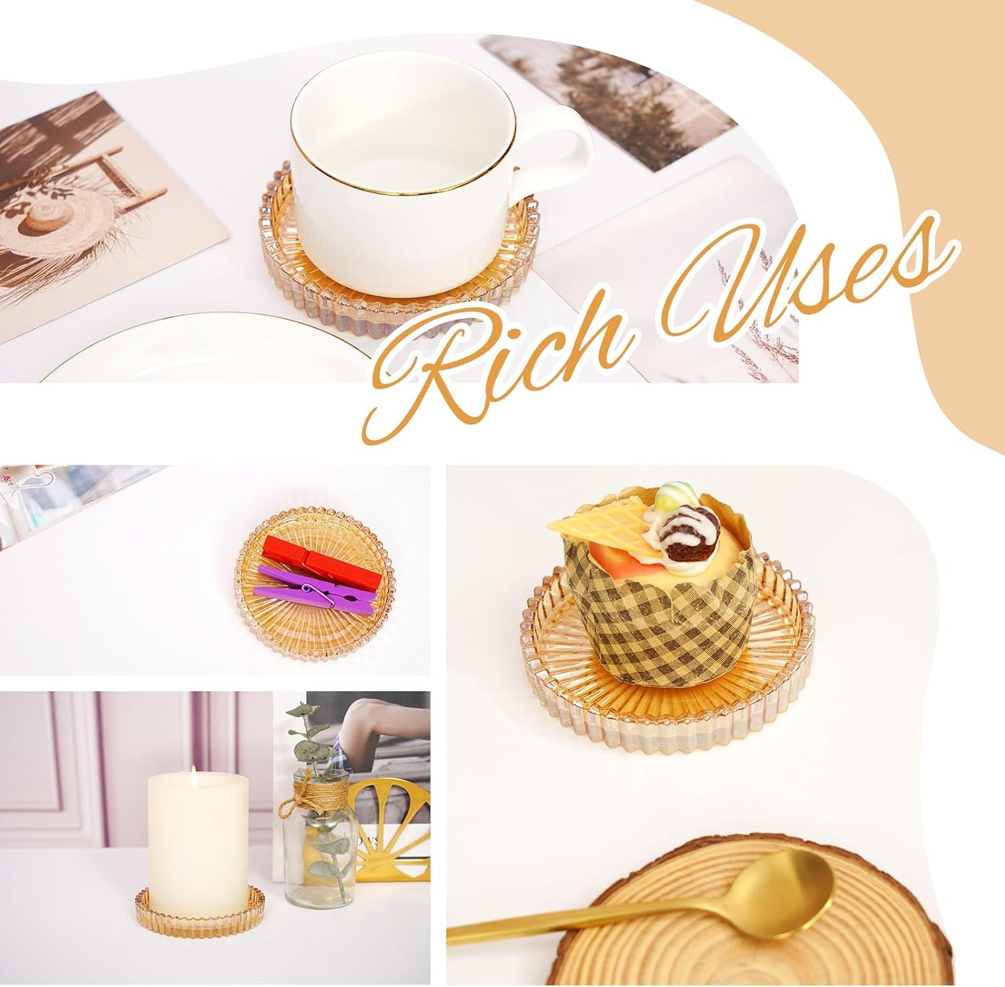 6 Pack 3.9 Inch Glass Pillar Candle Holder Plates, Round Gold Glass Plate Serrated Candle Stand, Candle Tray Plates for Wedding, Party, Dinning, Table Centerpiece and Home Decor