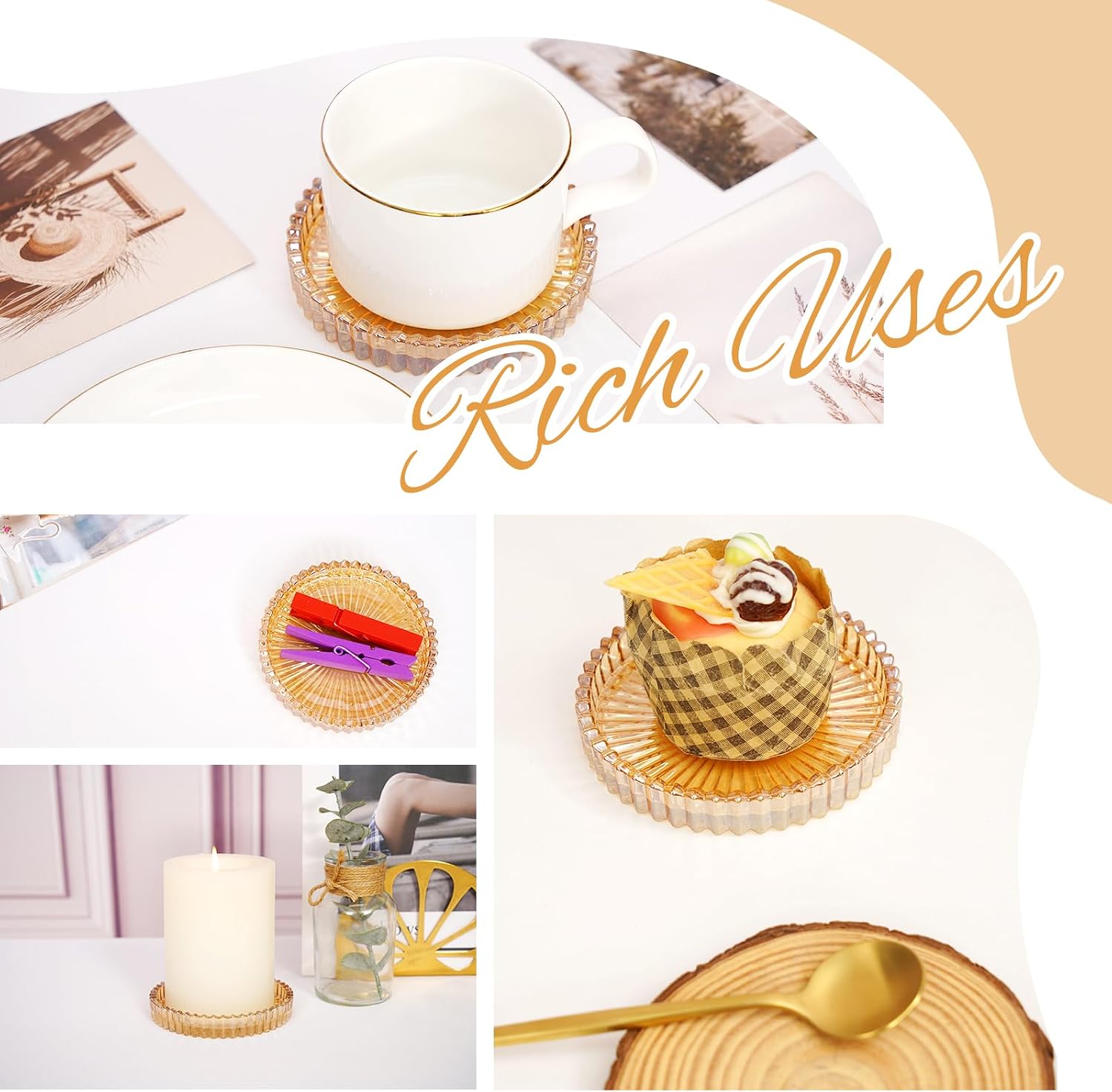 6 Pack 3.9 Inch Glass Pillar Candle Holder Plates, Round Gold Glass Plate Serrated Candle Stand, Candle Tray Plates for Wedding, Party, Dinning, Table Centerpiece and Home Decor