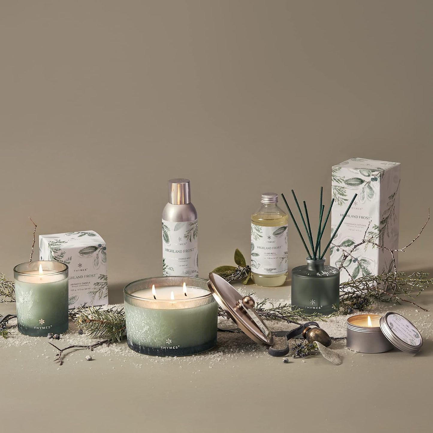 Thymes Travel Tin Holiday Candles - Scented Candles for Home Decor - Winter Scents - Luxury Home Fragrance Gifts for Women & Men - Silver (Highland Frost, 2.5 oz)