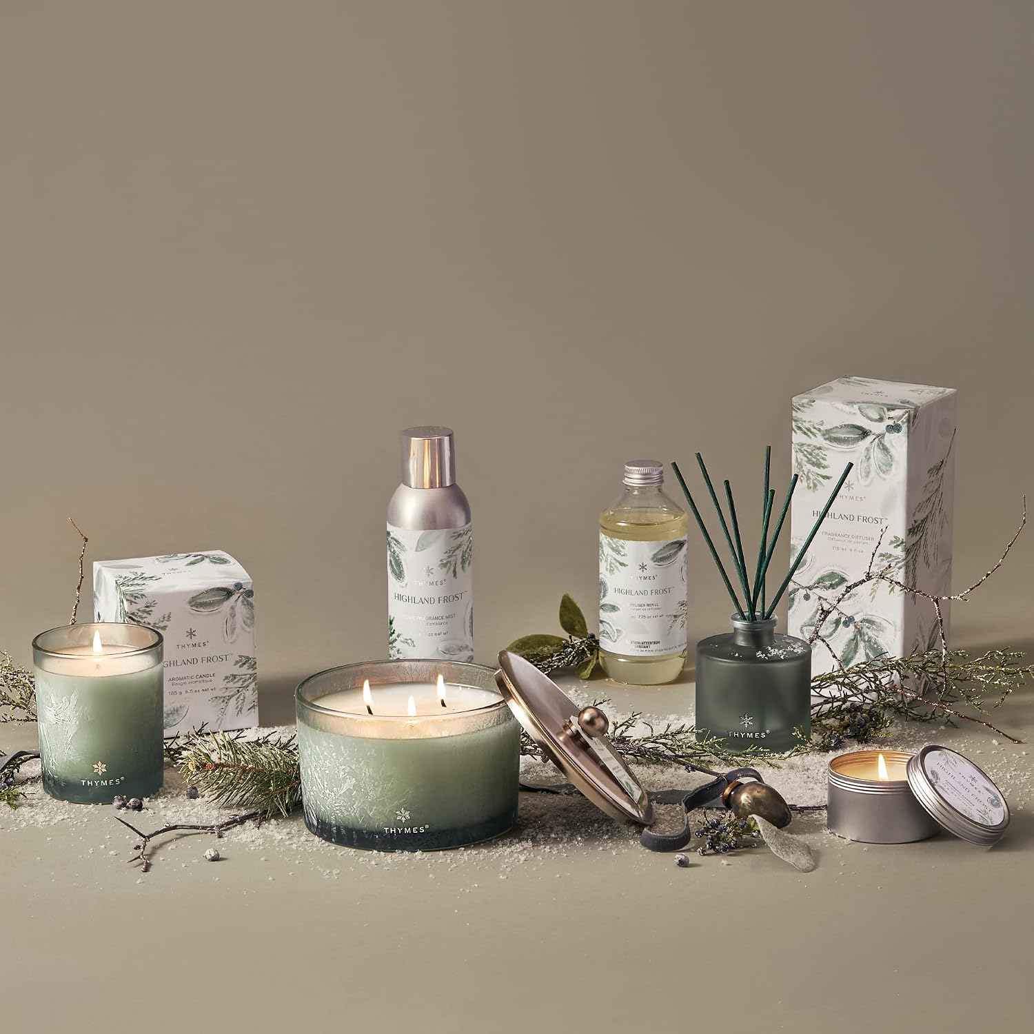 Thymes Travel Tin Holiday Candles - Scented Candles for Home Decor - Winter Scents - Luxury Home Fragrance Gifts for Women & Men - Silver (Highland Frost, 2.5 oz)
