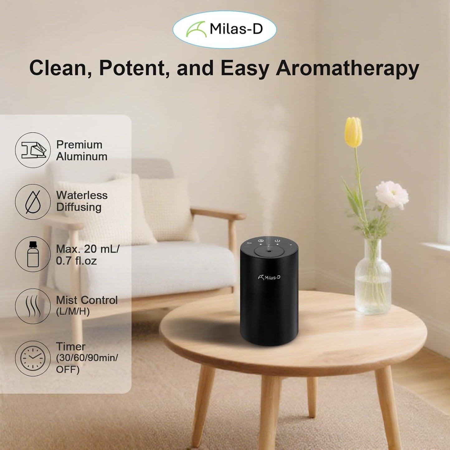 Waterless Essential Oil Diffuser, Battery Operated Nebulizer with 3-Timers & 3 Mist Levels, 0.7 fl.oz./20ml, Mini Scent Air Machine, Home Car Office Studio, Portable & Rechargeable, Milas-D, Black