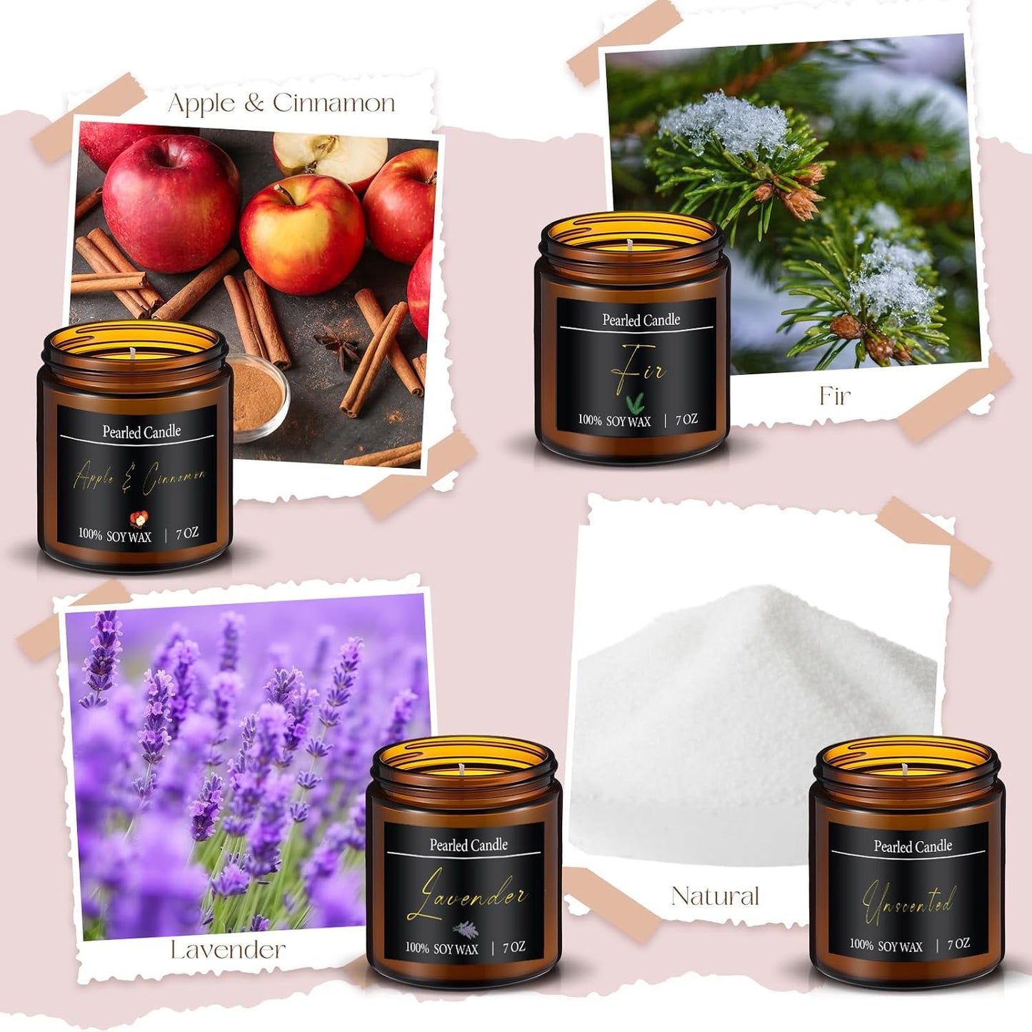 Conelist Pearled Candle Jar Gift Set 28oz Scented Pearl Sand Candle with 4 Jars 50 Wicks and Gift Box for Women Mothers Day Apple Cinnamon/Lavender/fir/Original, 4 Fragrance