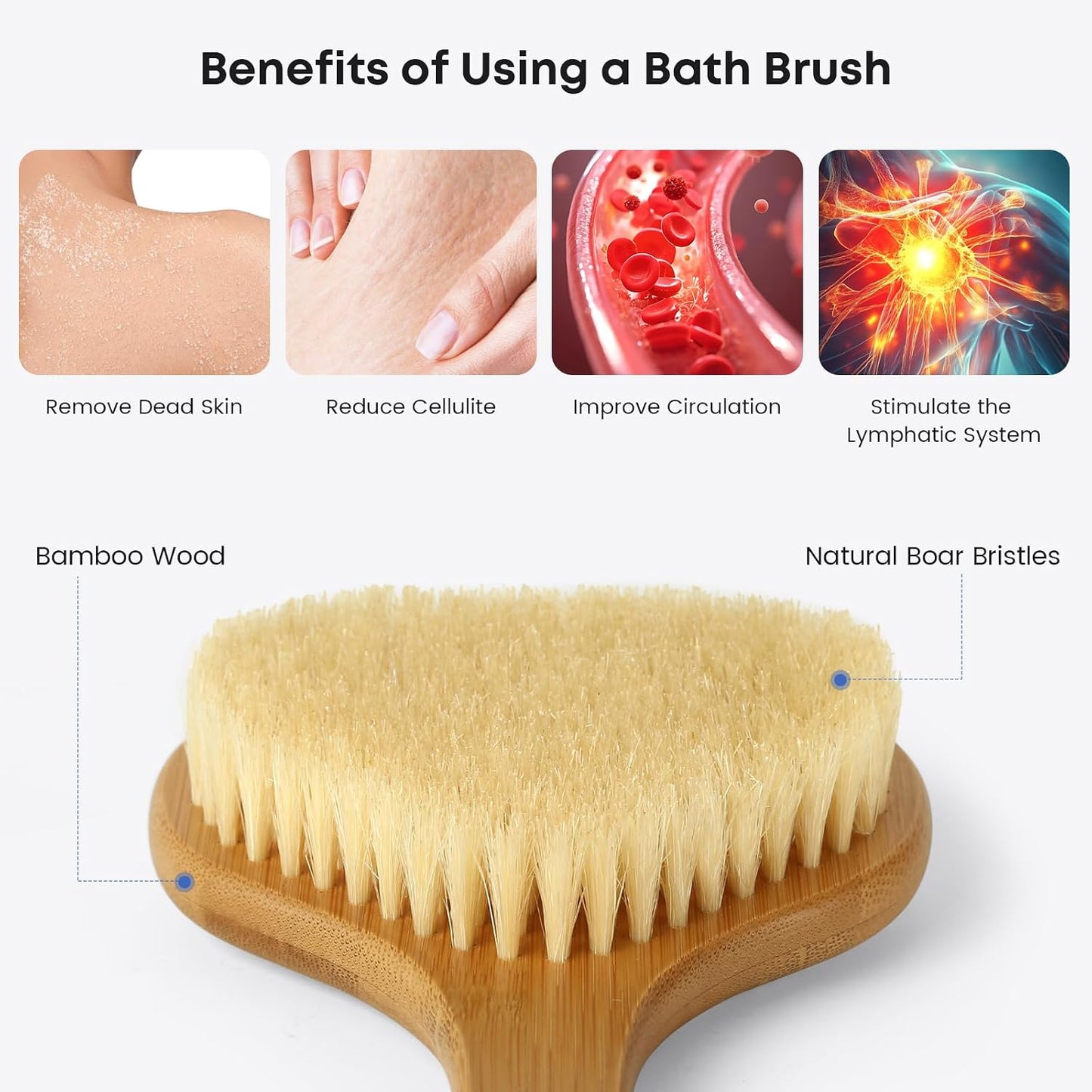 eaxun Bamboo Back Scrubber with Curved Long Handle, 17.3 Inches Exfoliating Shower Brush with Stiff Bristles for Men and Women, Back Washer Body Exfoliator for Bath or Dry Brushing