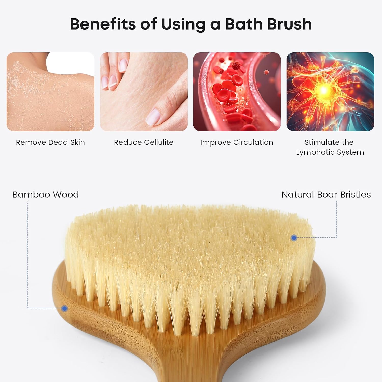eaxun Bamboo Back Scrubber with Curved Long Handle, 17.3 Inches Exfoliating Shower Brush with Stiff Bristles for Men and Women, Back Washer Body Exfoliator for Bath or Dry Brushing