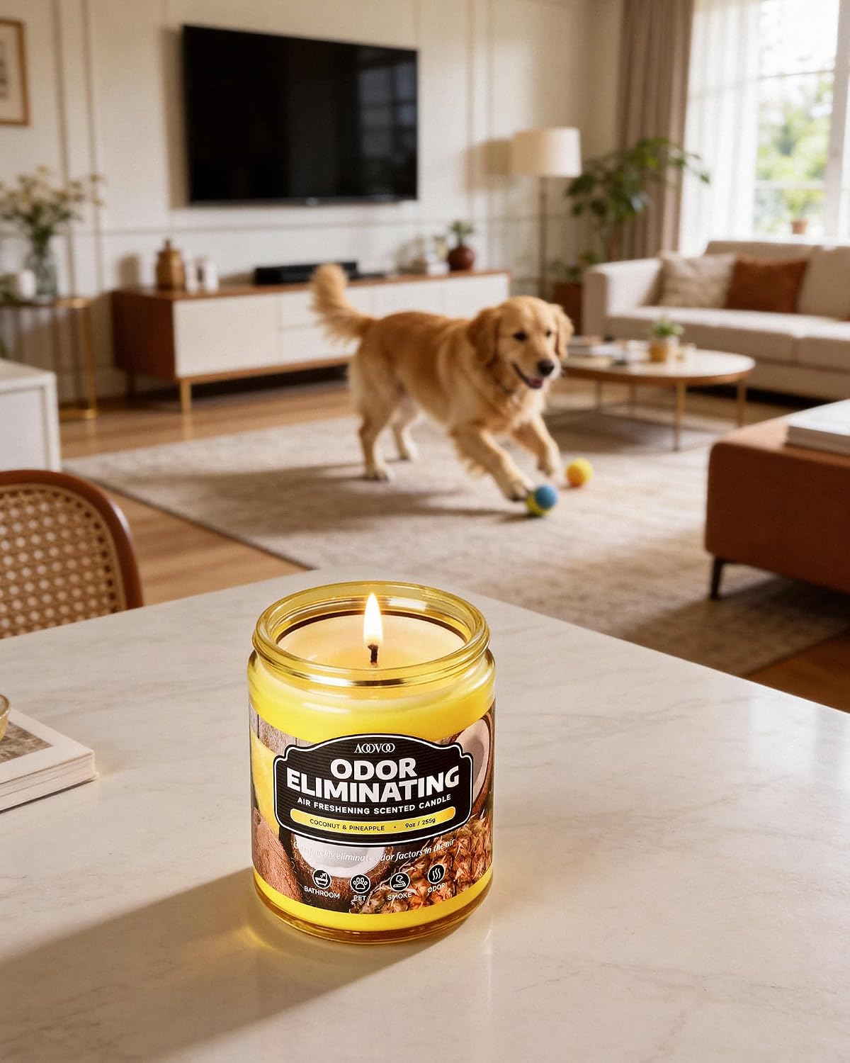 AOOVOO Coconut Pineapple Odor Eliminating Highly Fragranced Candle - Eliminates 95% of Pet, Smoke, Food, and Other Smells Quickly, Air Freshing Soy Candle, 9 oz Up to 50 Hours Burn time