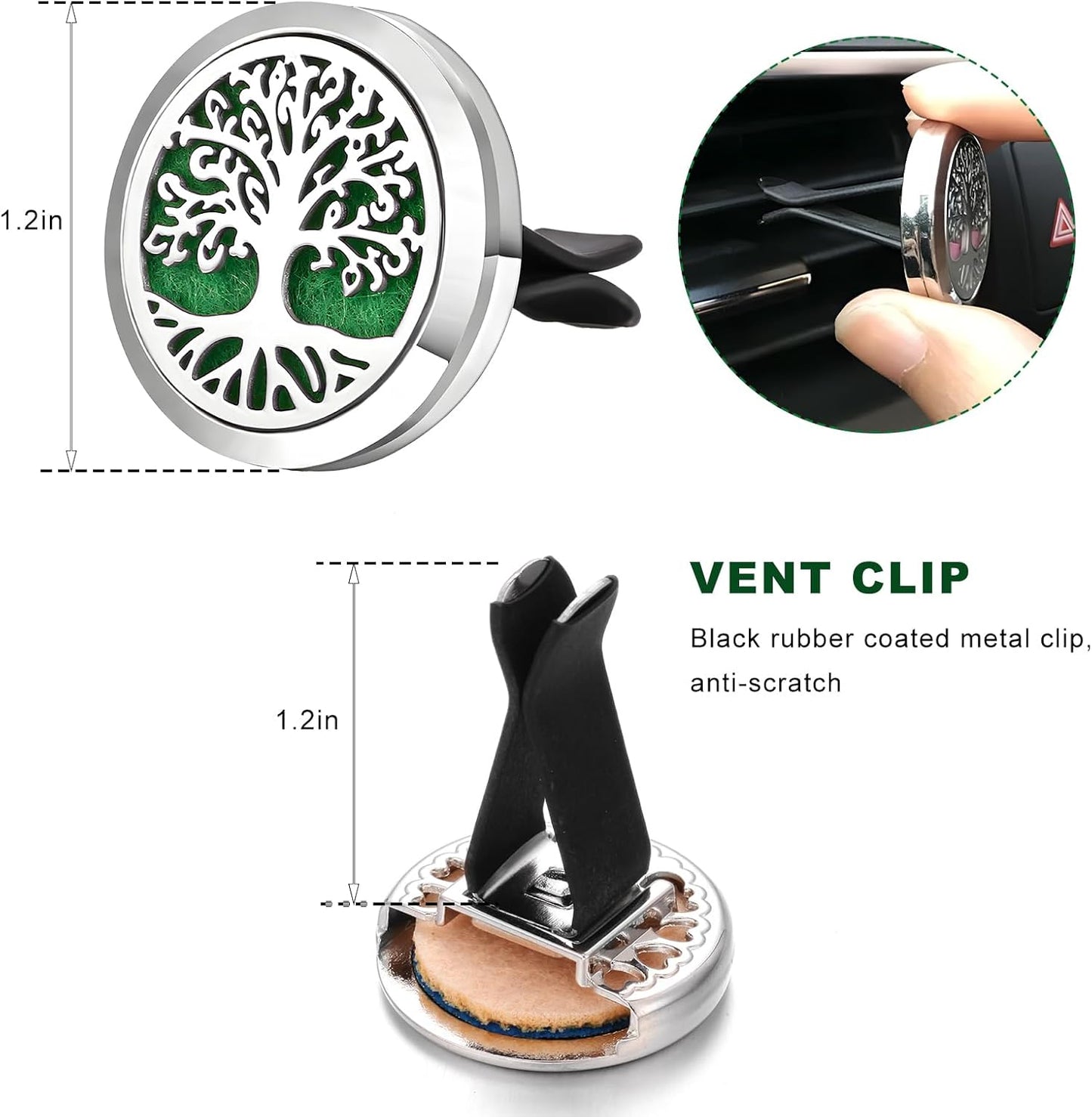 2 PCS Car Diffuser Vent Clips, Tree Pattern Essential Oil Diffuser Vent Clips with 12 Felt Pads, Stainless Steel Auto Air Fresheners Decorative Locket Clip for Women Men (Silver)