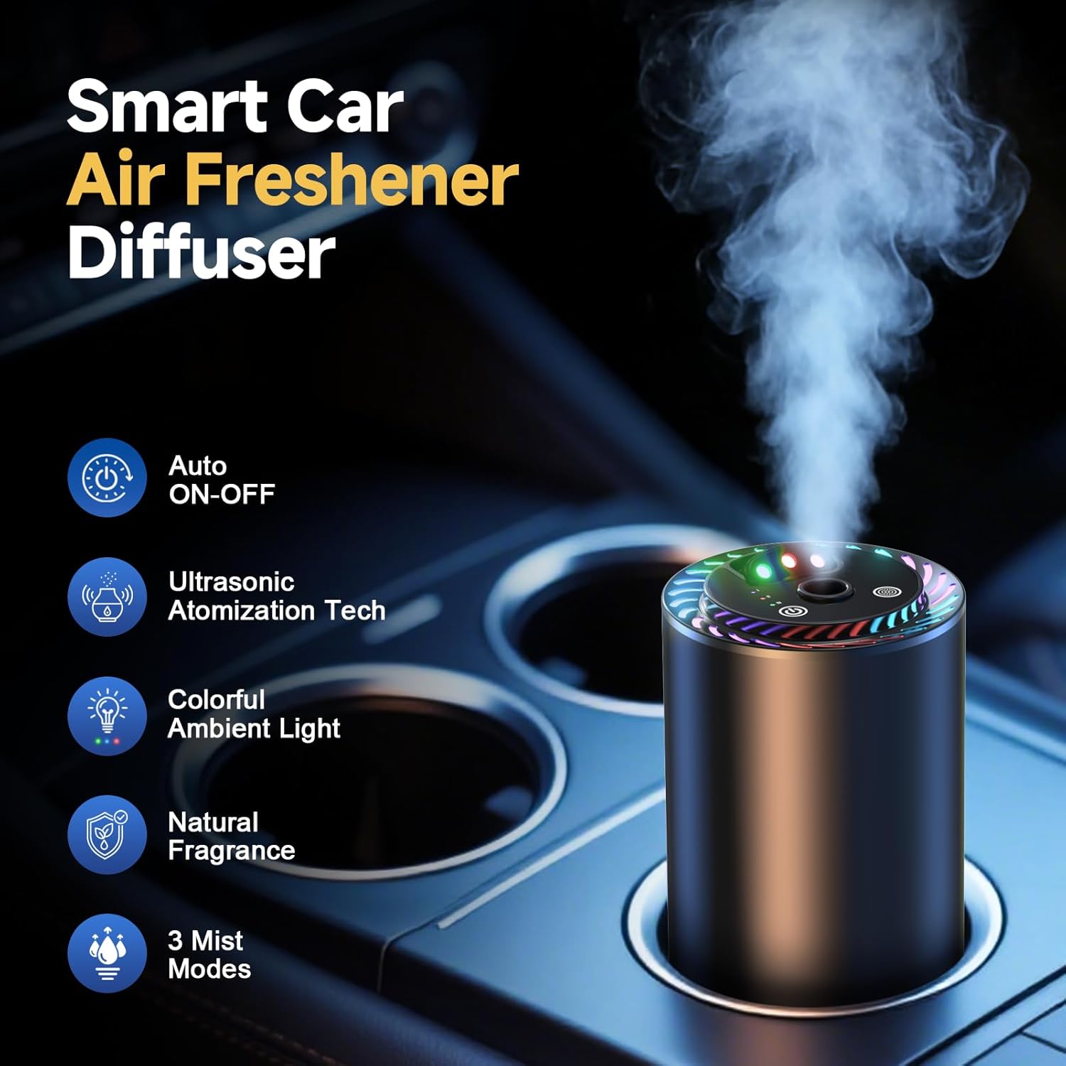 Smart Car Air Freshener with Star Light & 100ml Diffusers Oil Refills, Auto On/Off Aroma Diffuser, 3 Adjustable Mist Modes Rechargeable Aromatizante para Carro - Car Diffuser（Cologne+Ocean）