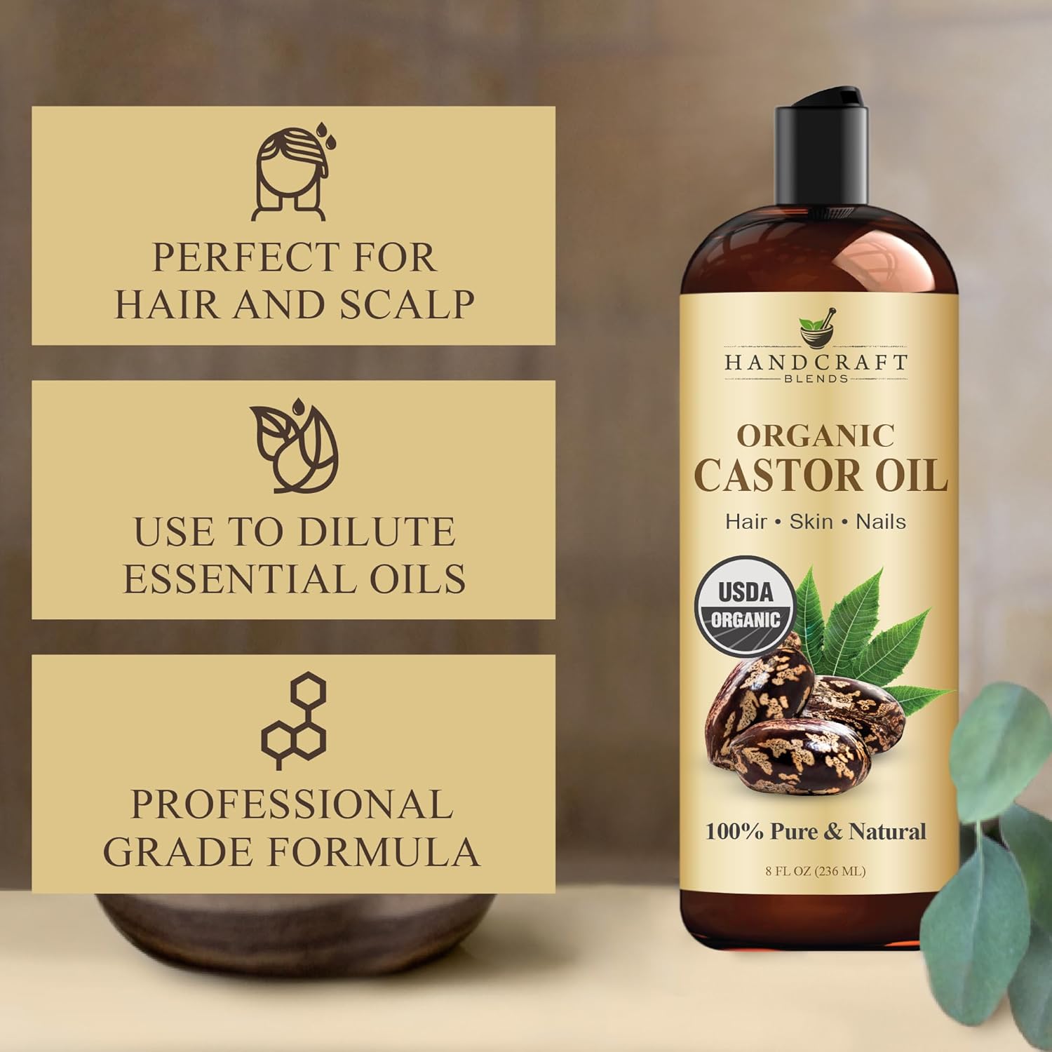 Handcraft Blends Organic Castor Oil 8 Fl Oz | 100% Pure and Natural | Premium Grade Carrier Oil | Hair, Eyelashes and Eyebrows | Hair and Body | Expeller-Pressed | Hexane-Free