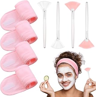 LAPOHI 4 Pack Adjustable Towel Headbands for Washing Face with 4 Pieces Fan Brushes, Facial Mask Brush and Spa Facial Headbands for Women and Grils Skincare Headband for Facial Esthetician Supplies