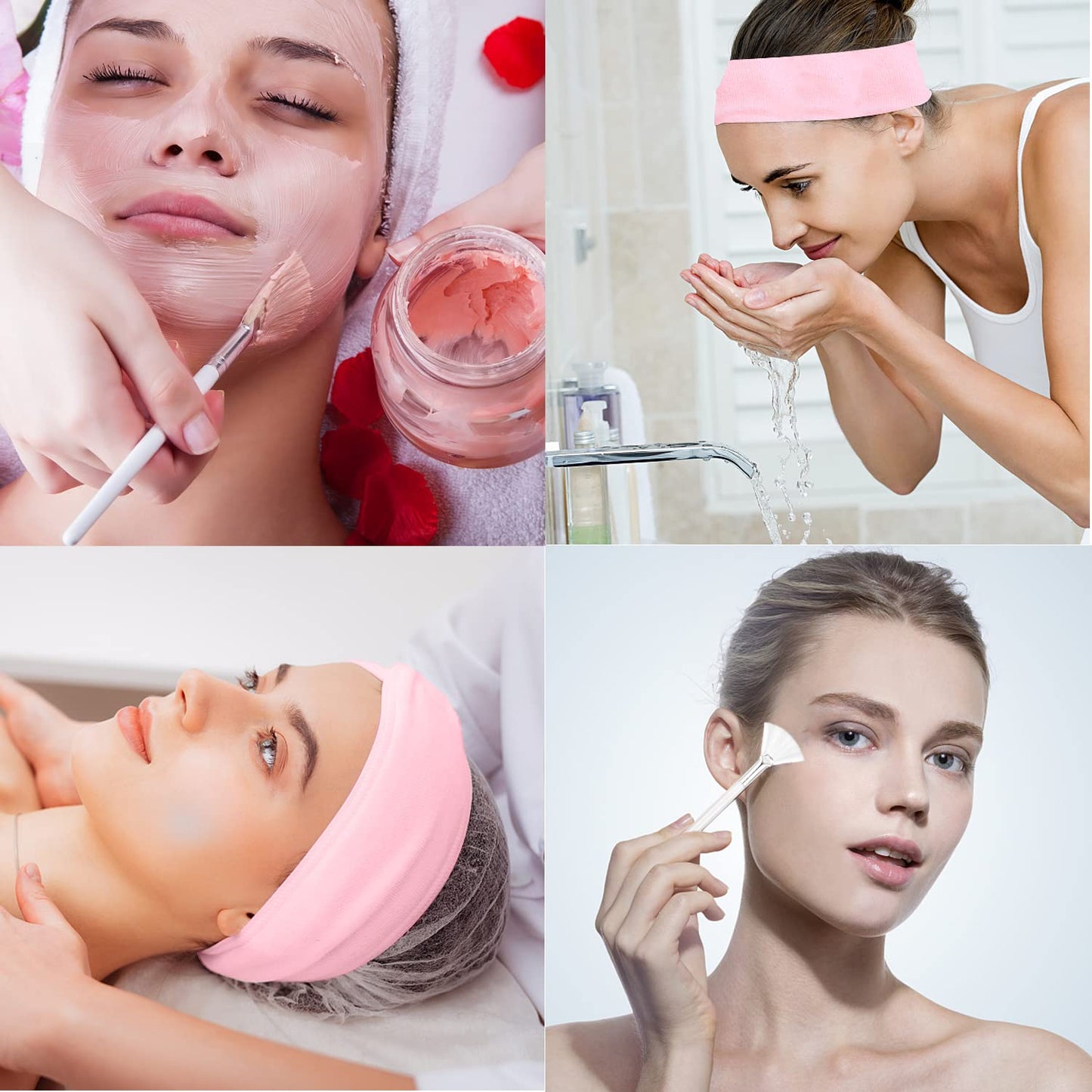 LAPOHI 4 Pack Adjustable Towel Headbands for Washing Face with 4 Pieces Fan Brushes, Facial Mask Brush and Spa Facial Headbands for Women and Grils Skincare Headband for Facial Esthetician Supplies