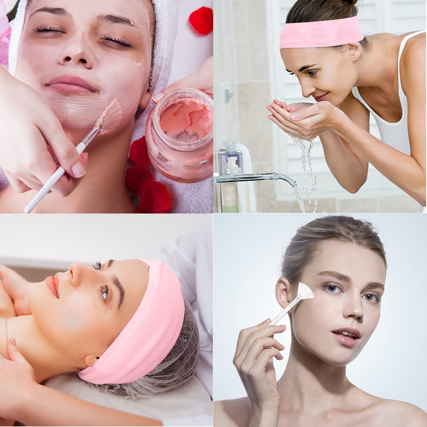LAPOHI 4 Pack Adjustable Towel Headbands for Washing Face with 4 Pieces Fan Brushes, Facial Mask Brush and Spa Facial Headbands for Women and Grils Skincare Headband for Facial Esthetician Supplies