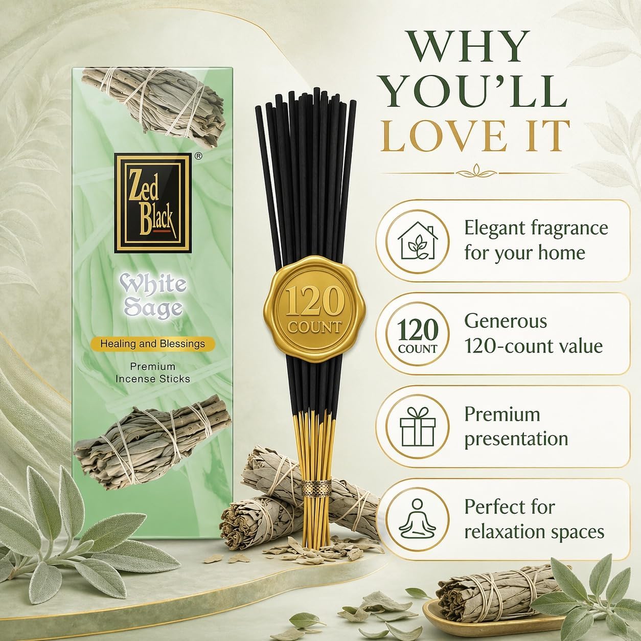 White Sage Incense Sticks - 120 Count | Natural Air Purifying Aromatherapy | Calming and Cleansing Fragrance | Perfect for Meditation, Relaxation, Prayer & Spiritual Rituals I Zed Black