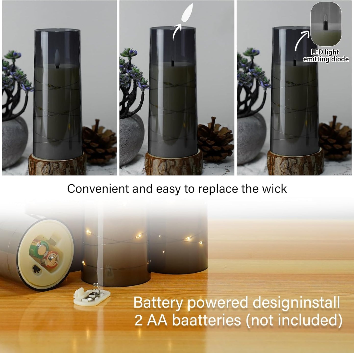 kakoya Flameless LED Candles with Timer 5 Pc Flickering Flameless Candles for Romantic Ambiance and Home Decoration Stable Acrylic Shell,with Embedded Star String，Battery Operated Candles（Grey）