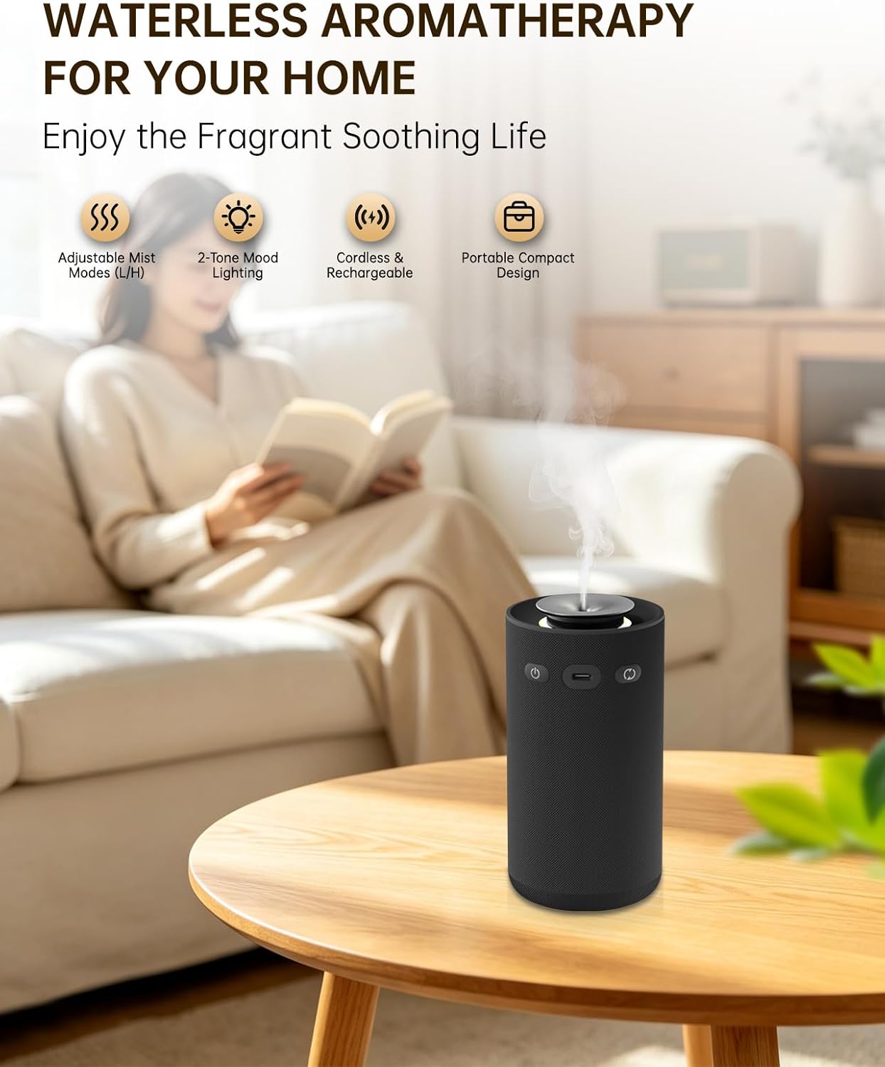 Waterless Essential Oil Diffuser for Home & Car,Fabric Covered with Ambient Light,2-in-1 Modes & Adjustable Mist Output,Cordless Portable Scent Machine with Auto Start-Stop,Fits 5/10/15ml