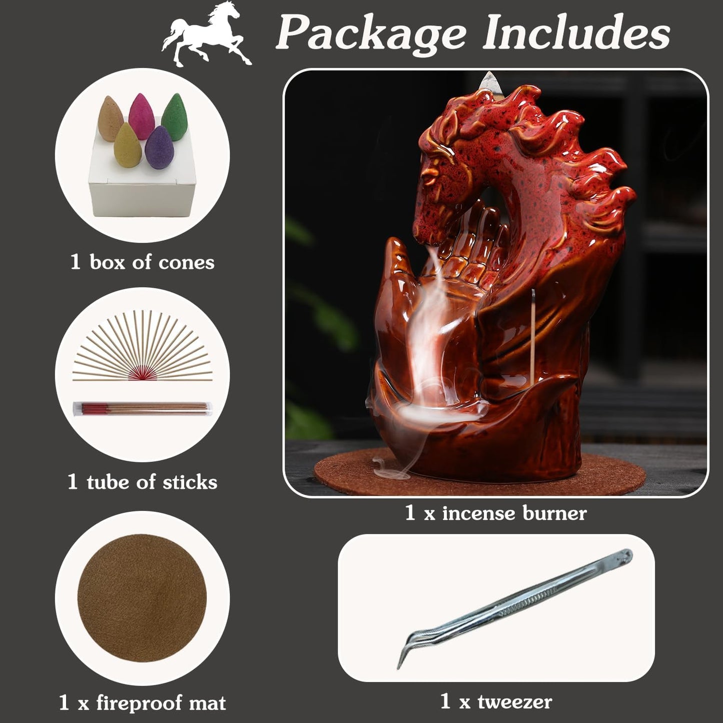 Horse Hand Incense Burner Holder - Ceramic Incense Waterfall Burner Horse, Backflow Horse Smoke Fountain Incense Holder with Cone & Stick Tweezer & Mat for Aromatherapy/Yoga/Home/Room Decor