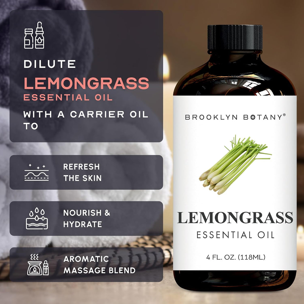 Brooklyn Botany Lemongrass Essential Oil - Huge 4 Fl Oz