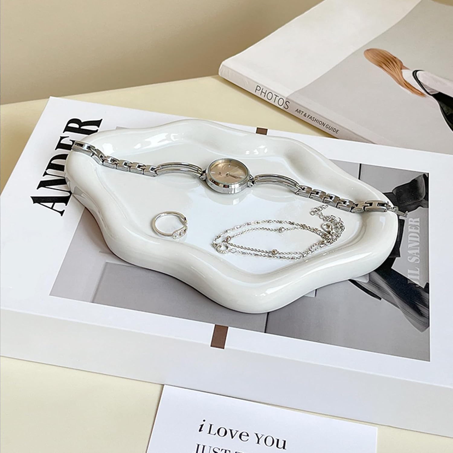 Ceramic Jewelry Tray, Cute Cloud Tray, White Trinket Dish, Ring Holder for Vanity Bathroom Nightstand Decor, Small Ring Dish Birthday Gifts for Women, Jewlery Plate Bowl for Keys, Candles