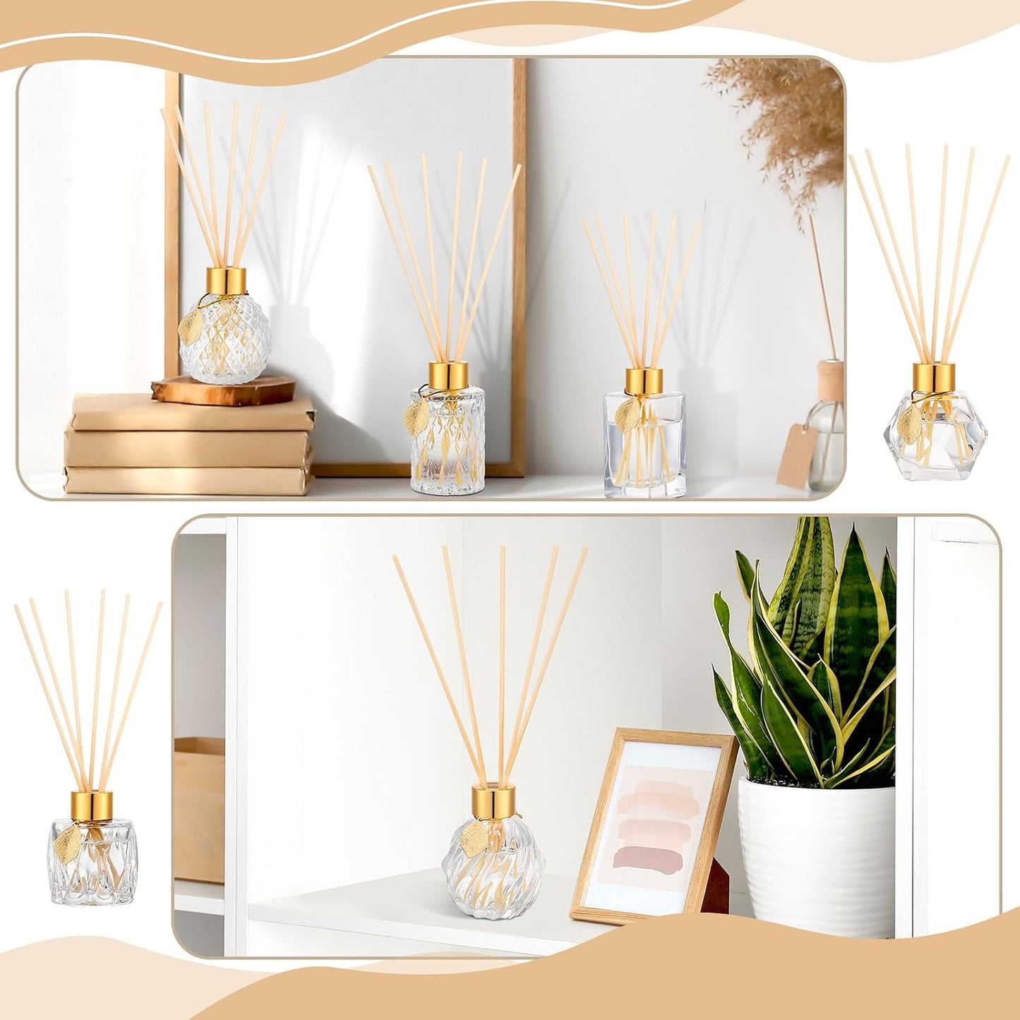 6 Pcs Reed Diffuser Gift Set Empty Reed Diffuser Bottle and 30 Pcs Sticks with Metallic Leaves Decoration Funnels 3.4 oz Fragrance Glass Prismatic Bottles for Essential Oil DIY Home Office, 6 Styles