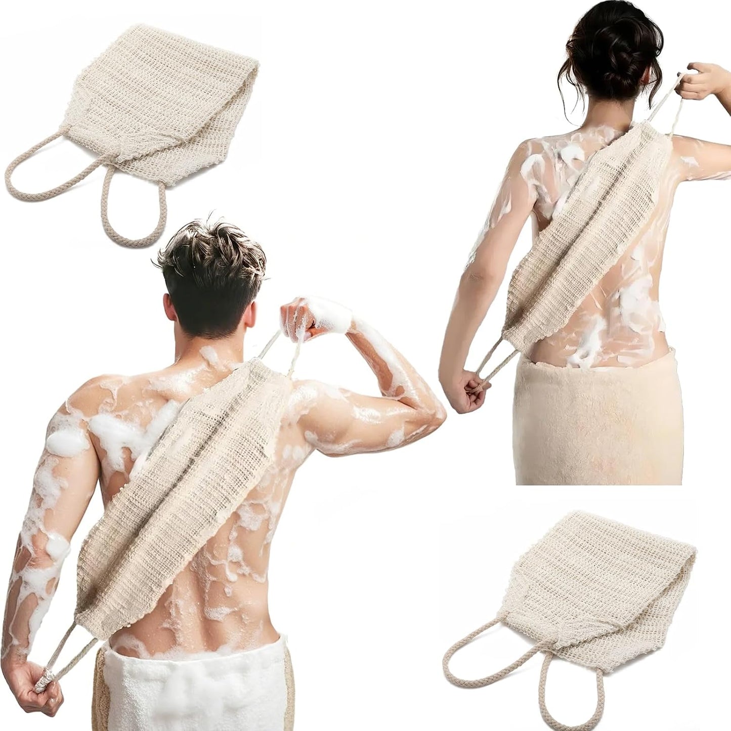 Natural Sisal & Ramie Exfoliating Back Scrubber for Shower with Handle - Deep Cleanse Back Scrubber, Scrub Spa Tool for Glowing Skin & Whole Body Care