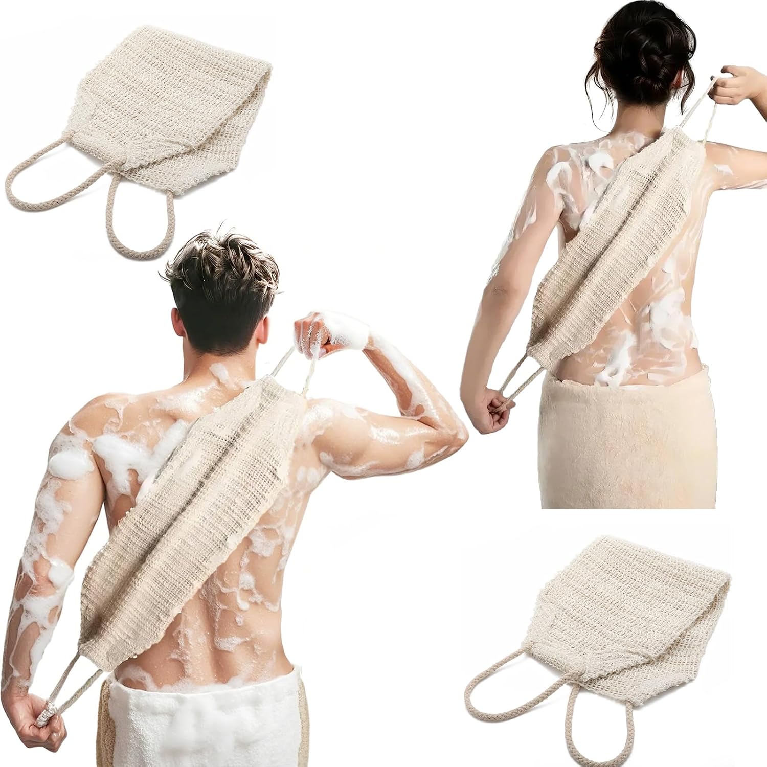 Natural Sisal & Ramie Exfoliating Back Scrubber for Shower with Handle - Deep Cleanse Back Scrubber, Scrub Spa Tool for Glowing Skin & Whole Body Care