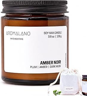 Hand-Poured Scented Soy Candle, Amber Glass Jar with Cotton Bag, 3.8 oz (Amber Noir: Plum, Amber, Dark Musk)