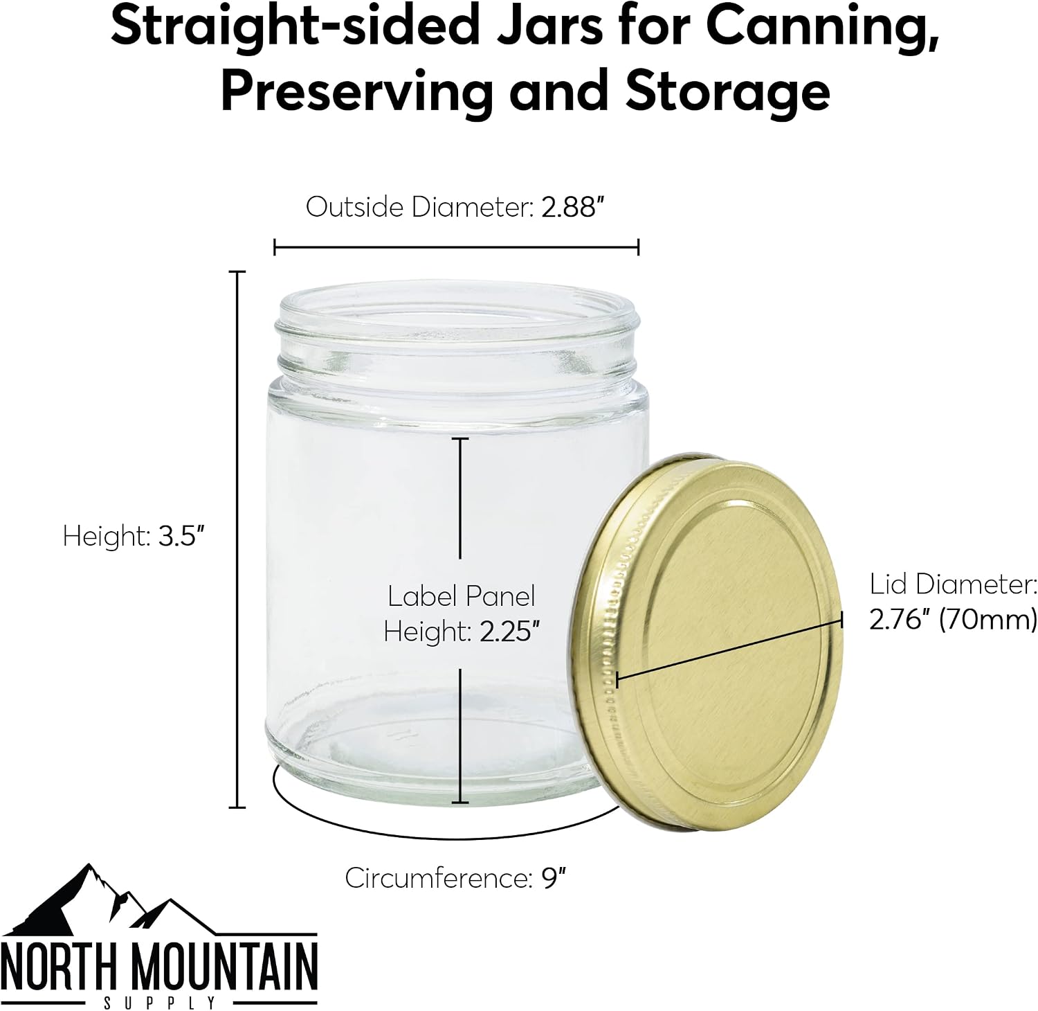 North Mountain Supply 9 Ounce Clear Glass Straight Sided Mason Canning Jars- With 70mm Gold Metal Lids - Case of 12
