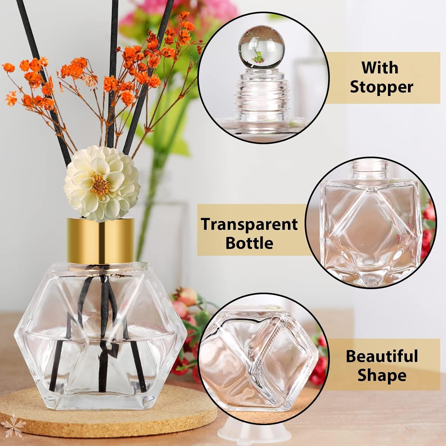 Diffuser Glass Bottles Set of 5 DIY Empty Clear Glass Fragrance Bottle with Gold Caps Reeds Sticks Vase Decorative Diffusers for Home Office Desk Decoration Wedding Replacement Girl Women